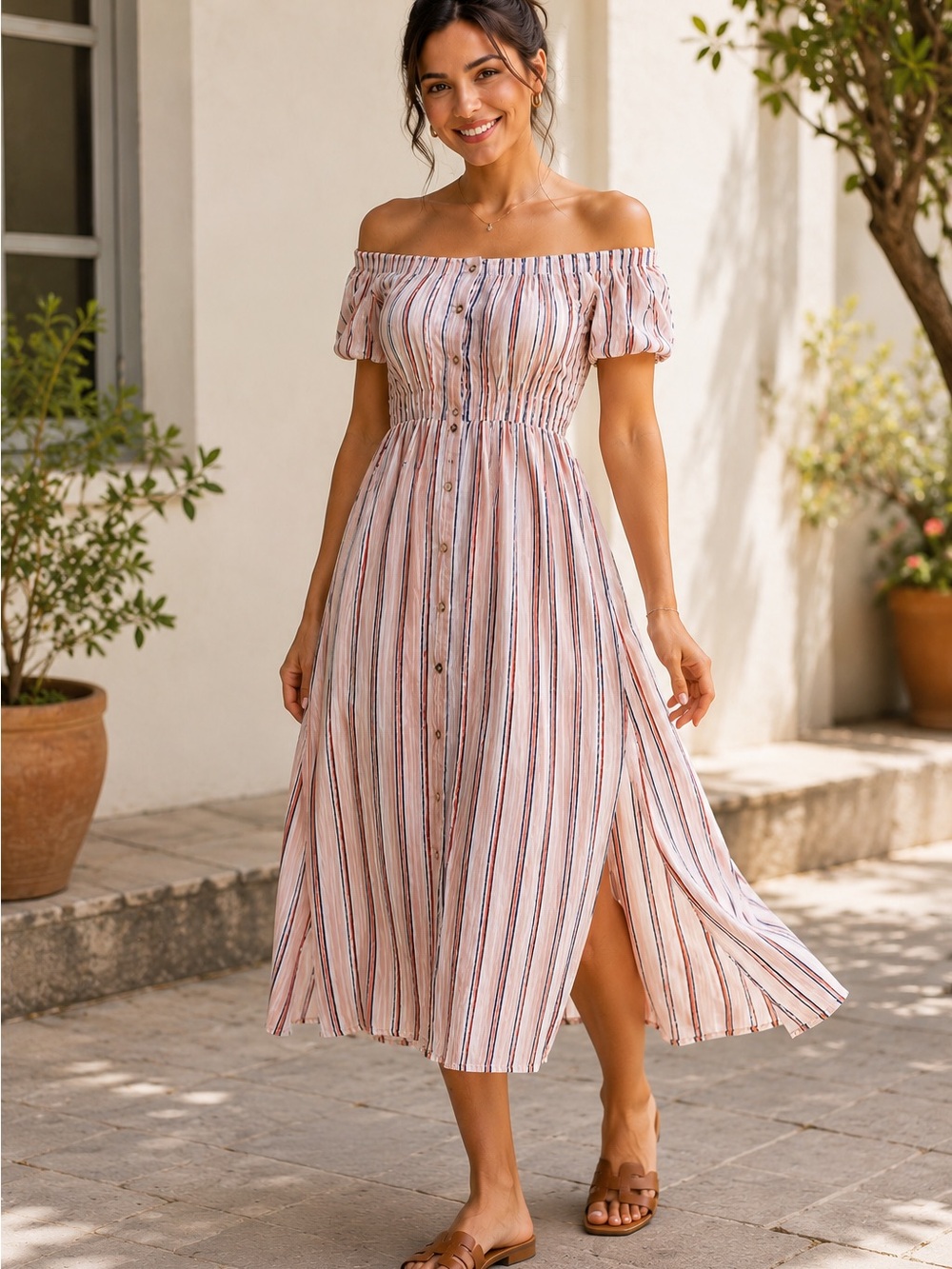 One-Shoulder Striped Midi Dress in Pink